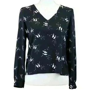 Ann Taylor LOFT Black Lovebirds Blouse V Neck Long Sleeve Sheer Tie Back Size XS